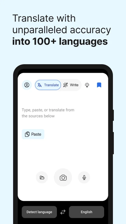 DeepL 官方 Android 商店截图：翻译页的图片与相机入口